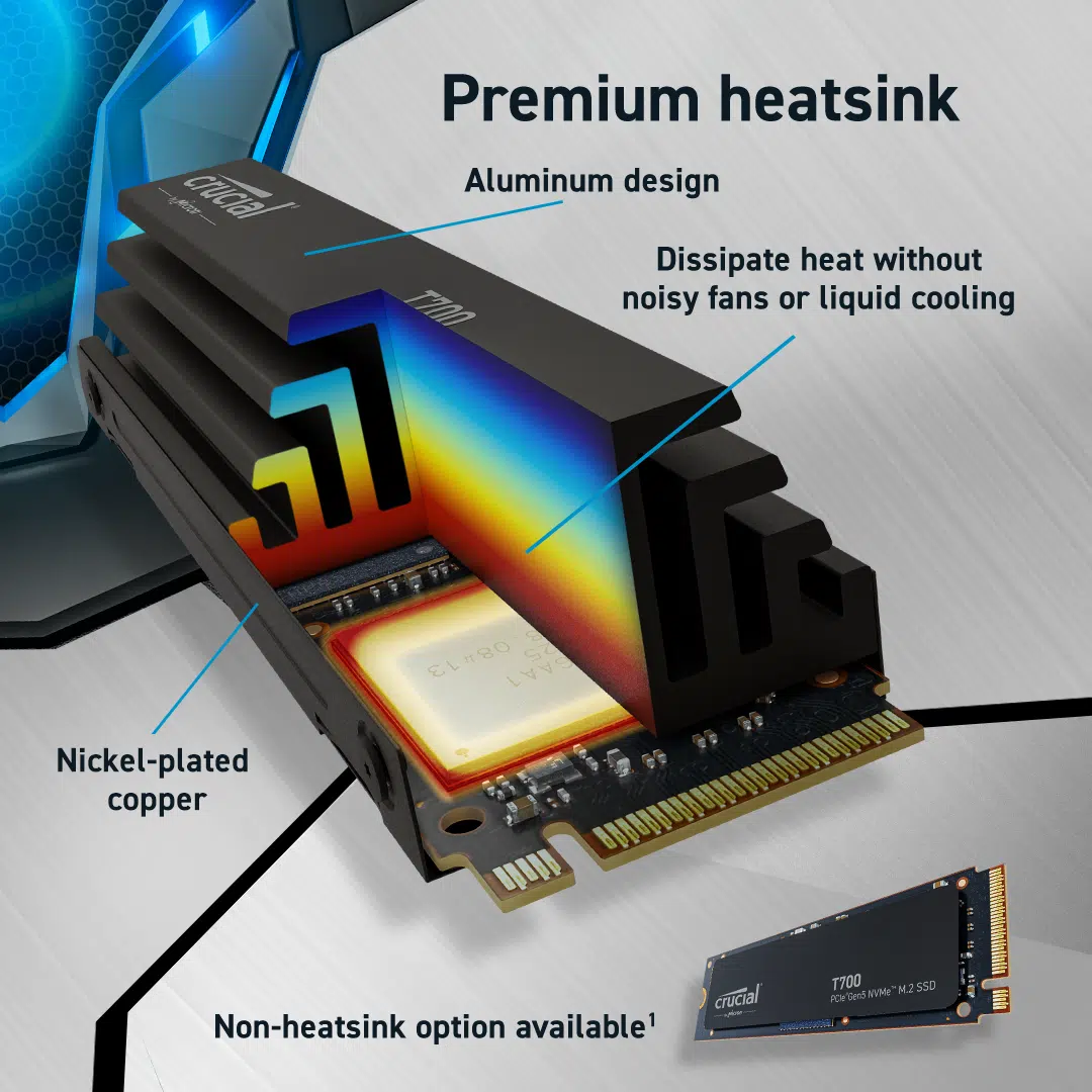 ⁦Crucial T700 1TB Gen5 NVMe M.2 SSD with heatsink - אחסון עם גוף קירור⁩ – תמונה ⁦2⁩
