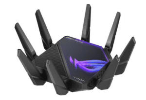 ASUS GT-AXE16000 – נתב גיימינג WiFi 6E מתקדם עם 4 תדרים, מהירות של 16000Mbps, אנטנות עוצמתיות, יציאות 10G, AiProtection, VPN Fusion וביצועים לגיימרים כבדים ולבית חכם.