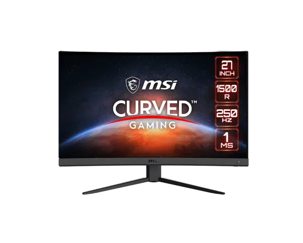 מסך גיימינג קעור MSI G27C4X בגודל 27 אינץ', רזולוציה 1920x1080, קצב רענון 250Hz, זמן תגובה 1ms, עם טכנולוגיית Adaptive Sync לחוויית משחק חלקה ותחרותית