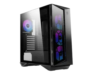מארז מחשב MSI MPG GUNGNIR 110R עם תמיכה ב-ATX, מיני-ITX ו-Micro-ATX, תאורת ARGB, ופאנל זכוכית מחוסמת.