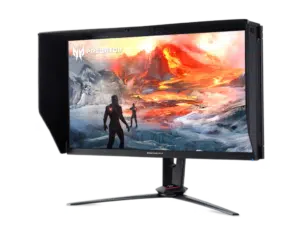 תמונה של מסך גיימינג Predator XB273KGPbmiipprzx בגודל 27 אינץ', עם פאנל IPS ברזולוציית UHD 4K. המסך מציג עיצוב דק עם מסגרת מינימליסטית ושיפורים טכנולוגיים מתקדמים כגון G-Sync, HDR400, ודיוק צבעים גבוה. ניתן לראות את כיסוי הצל המובנה, את אפשרות כיוונון הגובה ואת חיבורים המתקדמים כמו HDMI ו-DisplayPort. התמונה מדגימה את החוויית צפייה המדהימה עם תמונות חדות וצבעים עשירים.