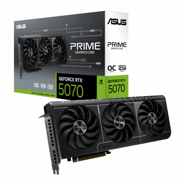 כרטיס מסך ASUS Prime RTX 5070 OC Edition – ביצועי RTX מהדור החדש עם 12GB GDDR7, קירור יעיל, תמיכה ב־8K ותאימות למארזים קומפקטיים.