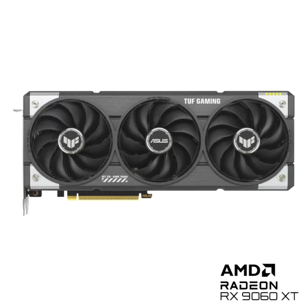 כרטיס המסך ASUS TUF Gaming Radeon RX 9060 XT OC Edition כולל 16GB GDDR6, תדר Boost של עד 3340MHz, קירור עמיד מסדרת TUF, ממשק PCIe 5.0 ותמיכה ברזולוציית 8K – אידיאלי לגיימרים ומקצוענים.
