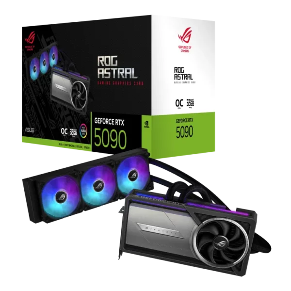 כרטיס מסך ROG Astral LC RTX 5090 עם קירור נוזלי 360 מ"מ, 32GB GDDR7, DLSS 4 ו־Aura Sync