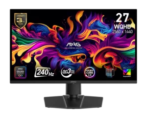 מסך גיימינג MSI MAG 273QP QD-OLED בגודל 26.5 אינץ’ עם רזולוציית WQHD וקצב רענון 240Hz.