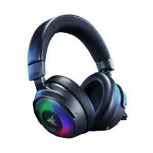 אוזניות גיימינג Razer Kraken V4 Pro בצבע שחור עם תאורת RGB ובקר OLED מובנה.