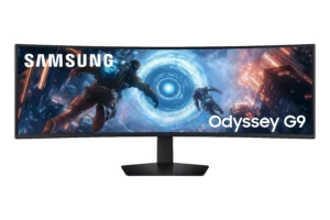 מסך Samsung Odyssey G9 S49FG910EM קעור 48.7 אינץ’ ברזולוציית DQHD עם קצב רענון 144Hz.