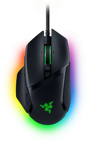 עכבר גיימינג Razer Basilisk V3 בצבע שחור עם תאורת RGB, גלגלת HyperScroll, ו־11 כפתורים ניתנים לתכנות.