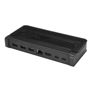 תחנת עגינה ROG Bulwark Dock DG300 בעיצוב גיימינג שחור עם חיבוריות USB-C ו־HDMI 2.1.