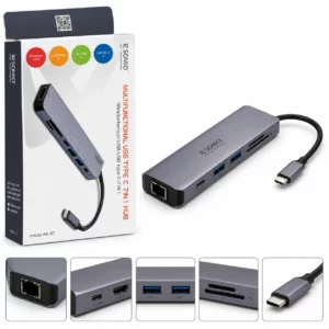 מפצל USB-C ‏7 ב-1 SAVIO AK-47 עם HDMI, USB 3.0, קורא כרטיסי SD ו-microSD בצבע אפור