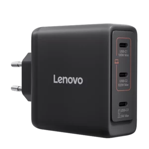 מטען Lenovo Multi-port USB-C 100W GaN עם שלוש יציאות USB-C לטעינה מהירה של מחשב נייד ומכשירים נוספים.