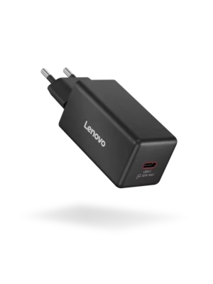 מטען Lenovo 65W Mini USB-C GaN Charger דגם 40AW65WBEU עם חיבור USB-C וכבל באורך 2 מטרים.