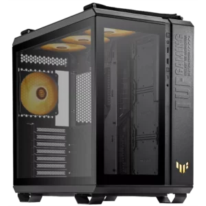 מארז מחשב ASUS TUF Gaming GT502 PLUS עם זכוכית מחוסמת וארבעה מאווררי ARGB.